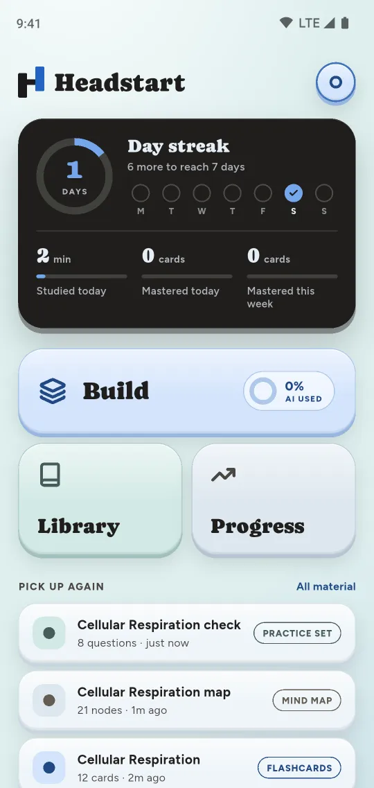 The home screen with the day streak and study time